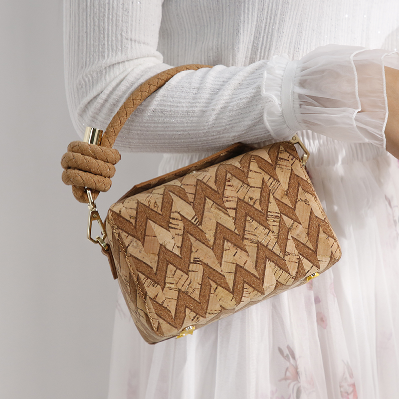 KAOGE软木头包包女复古柔软手提独立设计斜挎女菱格编织盒子包